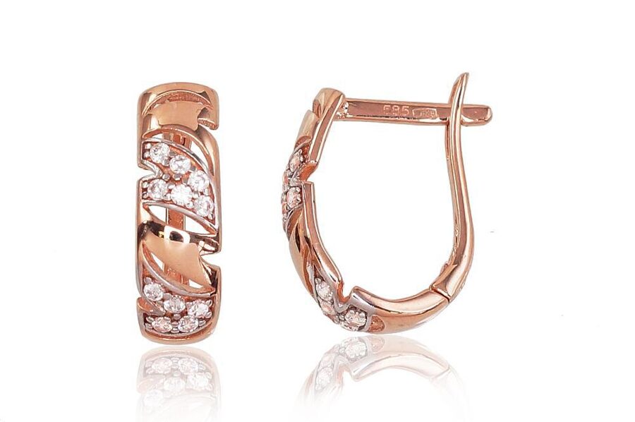 Золотые серьги с английским замком, Красное золото 585°, родиевое покрытие, цирконы, 15 мм