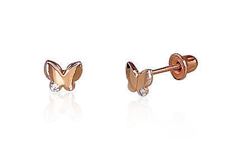 Vaikiški auksiniai auskarai-vinukai “Drugelis” su sraigtiniu užsegimu, 585° raudonas auksas, cirkoniai