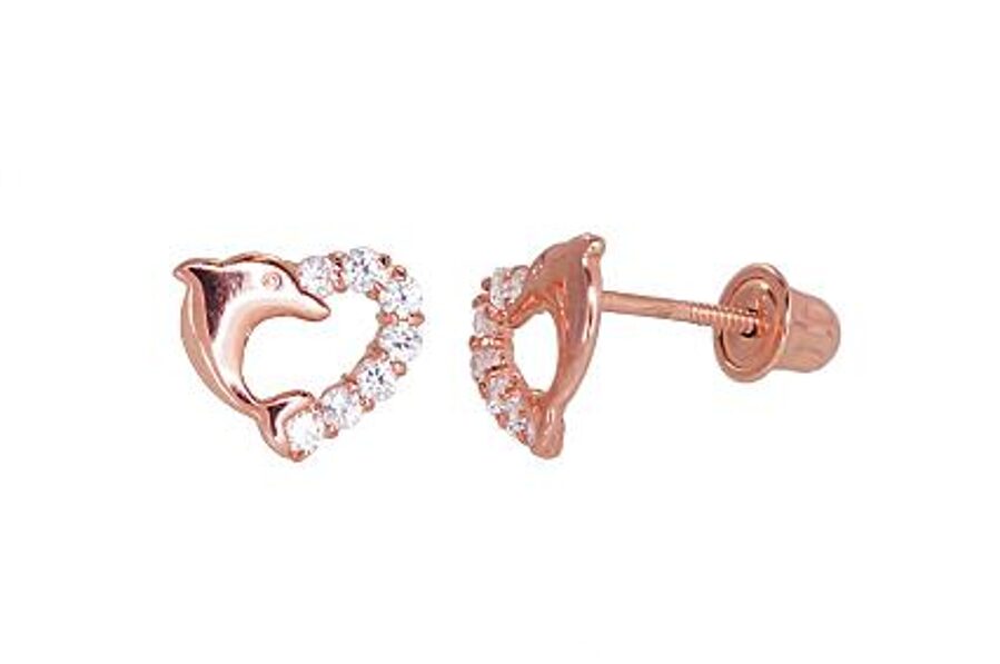 Bērnu zelta auskari-nagliņas ar skrūvēm un cirkoniem “Sirds ar delfīnu”, 585° sarkanais zelts