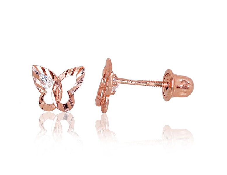 Gold “Butterfly” Stud Earrings with Zirconia, 585° Red Gold, Screw Back