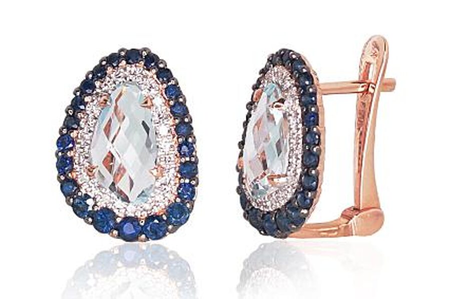 Gold Earrings with Diamonds, Sapphire and Sky Blue Topaz | 585 Red Gold, Rhodium