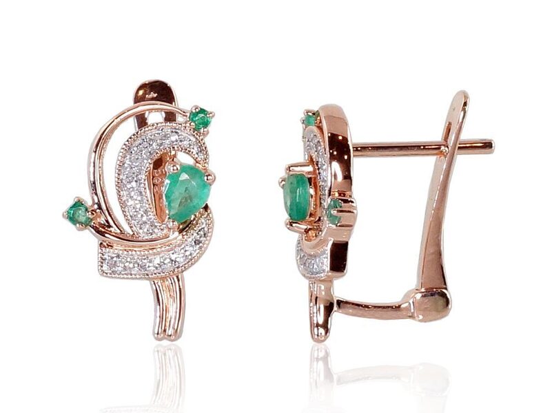 Zelta auskari ar smaragdiem un briljantiem, 585° sarkanais zelts ar rodija pārklājumu, “angļu” slēdzis