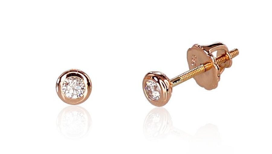 Zelta auskari-nagliņas ar briljantiem un skrūvēm, 585° sarkanais zelts, 4 mm
