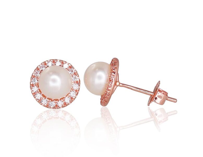 Zelta auskari-puseti , Sarkanais Zelts 585°, Cirkoni , Pērles 