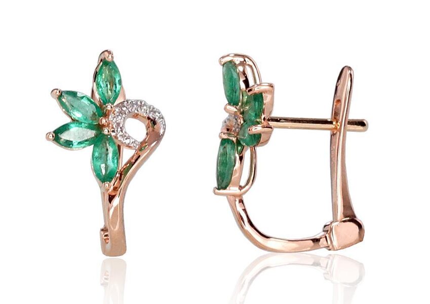 Smaragda un briljanta zelta auskari ar “angļu” slēdzēju, Sarkanais Zelts 585°, rodija pārklājums