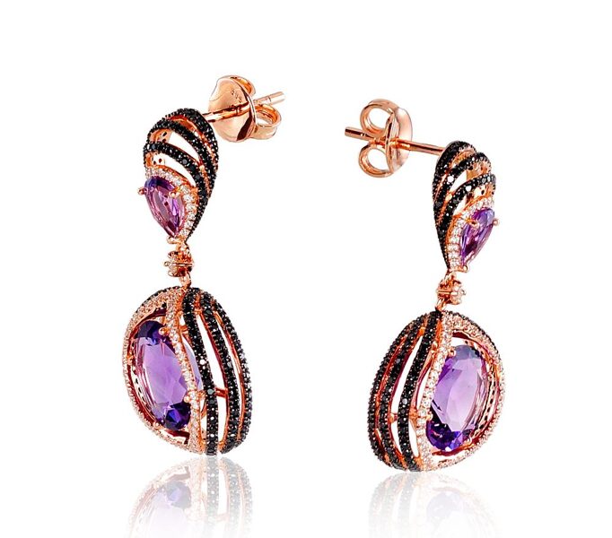 Zelta auskari ar ametistiem un briljantiem, 585° sarkanais zelts, “nagliņas”