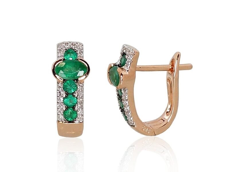 Zelta auskari ar smaragdiem un briljantiem, 585° sarkanais zelts, “angļu” slēdzējs