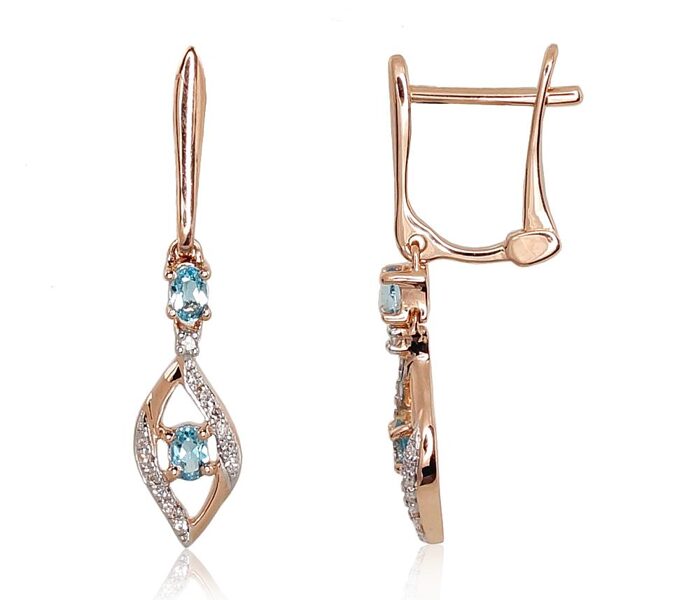 Zelta auskari ar briljantiem un zilo topāzu, 585° sarkanais zelts, “angļu” slēdzējs