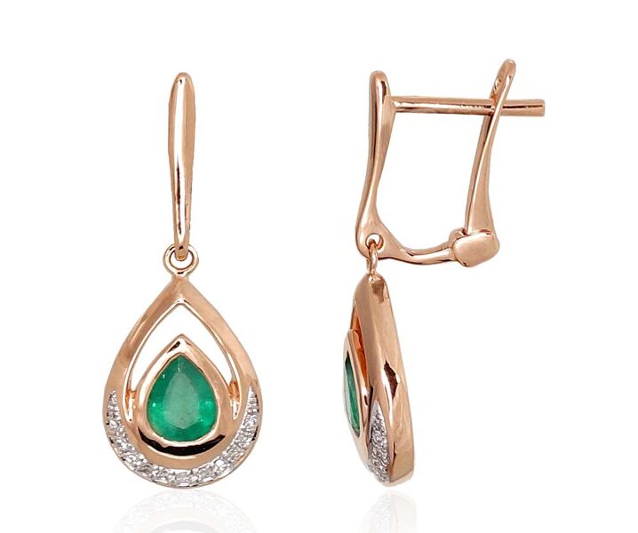 Zelta auskari ar smaragdu un briljantiem, “angļu” slēdzējs, 585° sarkanais zelts ar rodija pārklājumu, 24 mm