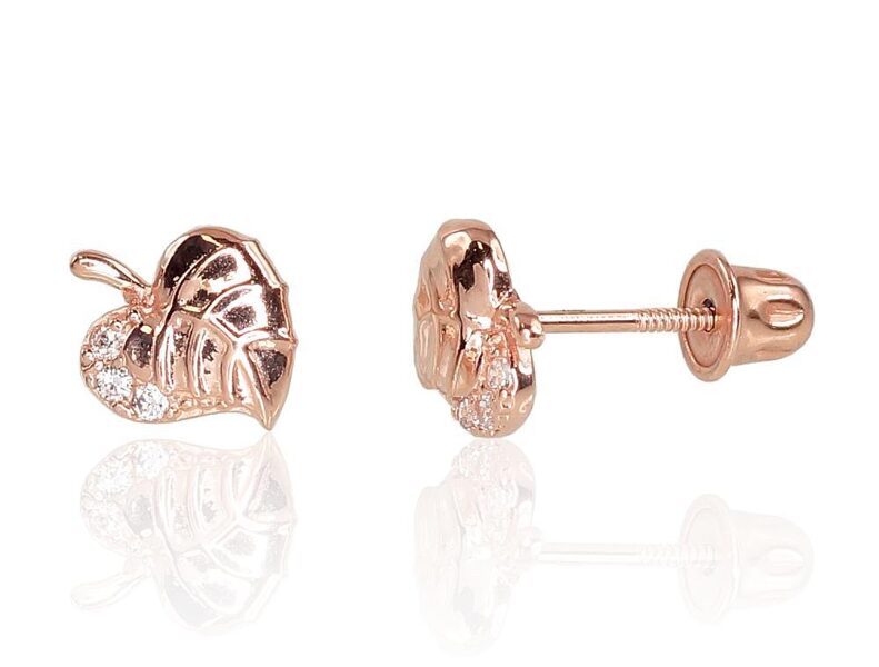 Золотые серьги-пуссеты с винтами , Красное Золото 585°, Цирконы 