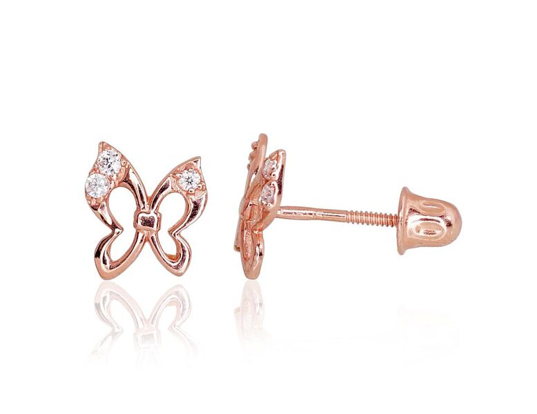 Золотые серьги-гвоздики «Бабочка» с винтовой застёжкой и цирконами, 585 красное золото, 7 мм