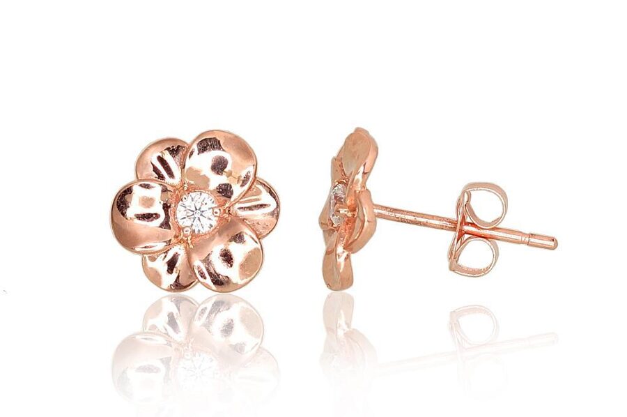 Золотые серьги-пуссеты , Красное Золото 585°, Цирконы 