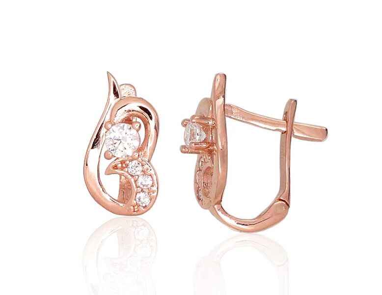 Золотые серьги с английским замком и цирконами, Красное золото 585°, 13 мм