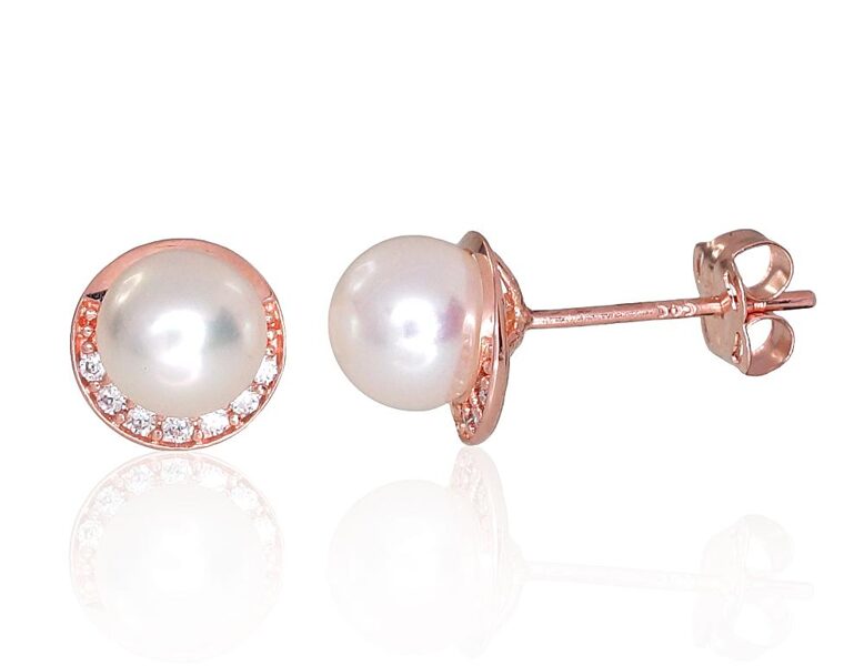 Zelta auskari-puseti ar pērlēm un cirkoniem, 585° sarkanais zelts, 7 mm