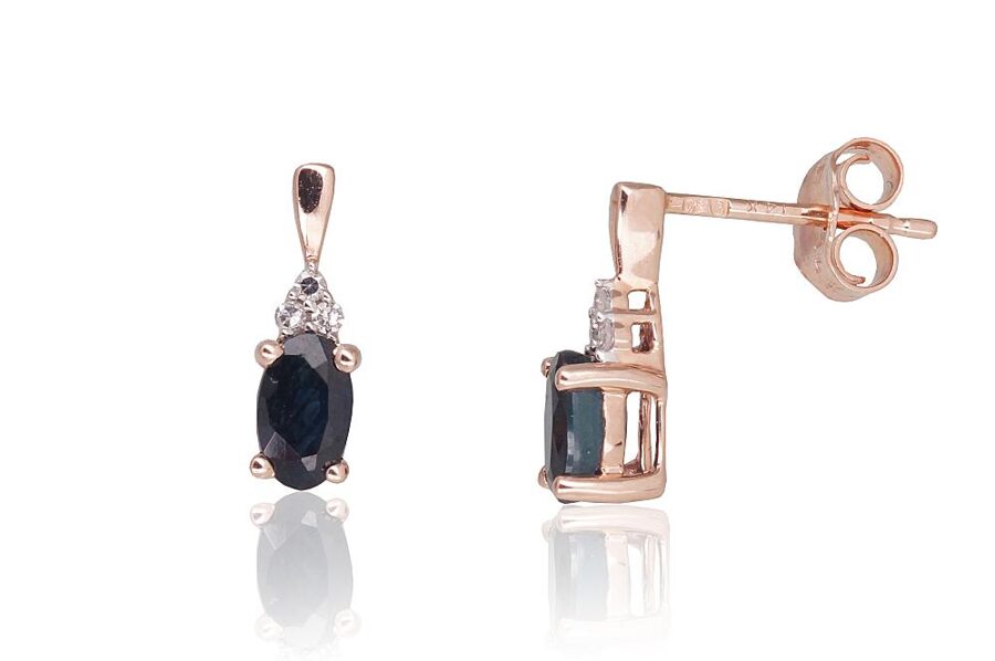 Zelta auskari ar safīriem un briljantiem, 585° sarkanais zelts, rodija pārklājums