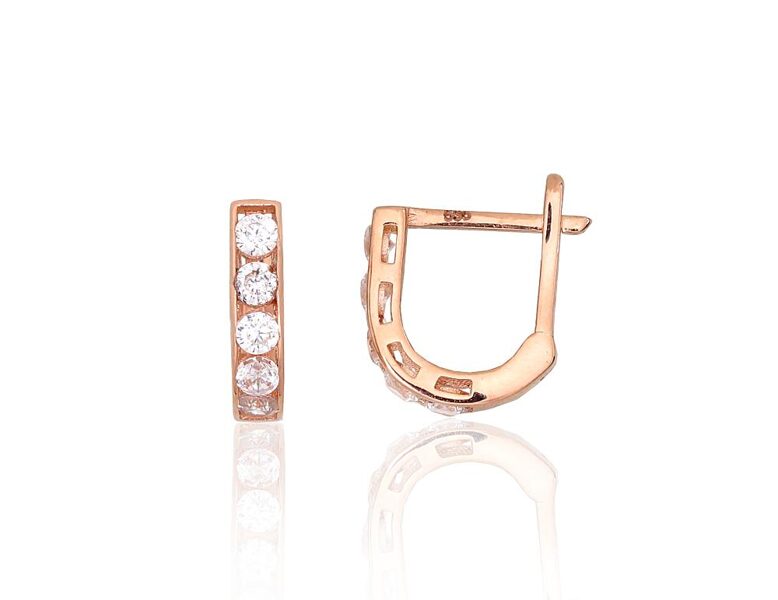 Золотые серьги с английским замком и фианитами, красное золото 585°