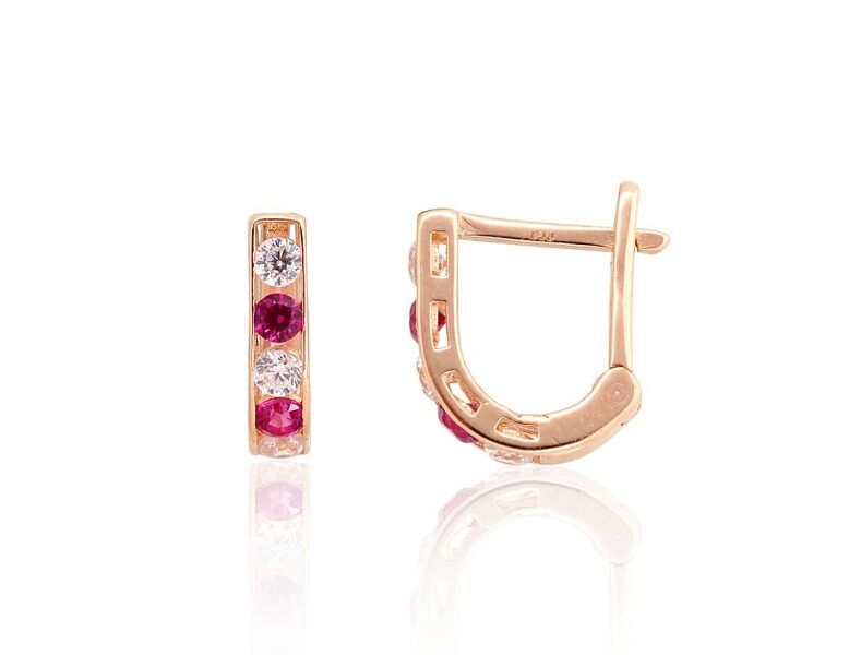 Золотые серьги на английском замке , Красное Золото 585°, Цирконы 