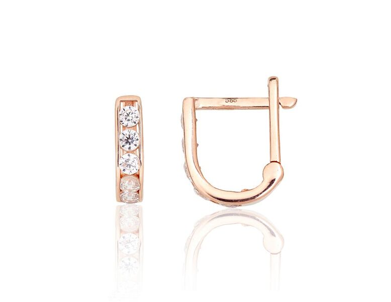 Золотые серьги с английским замком и светлыми фианитами, красное золото 585°