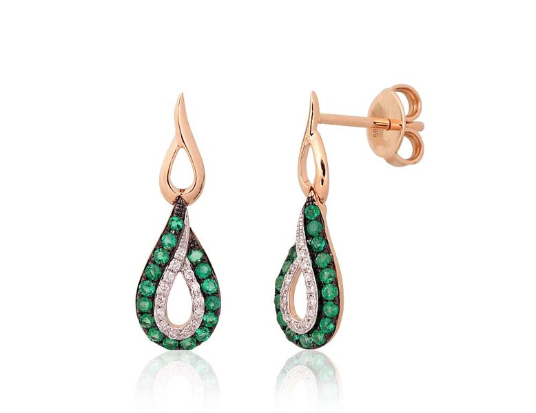 Garie zelta auskari-nagliņas ar smaragdiem un briljantiem, 585° sarkanais zelts, rodija pārklājums