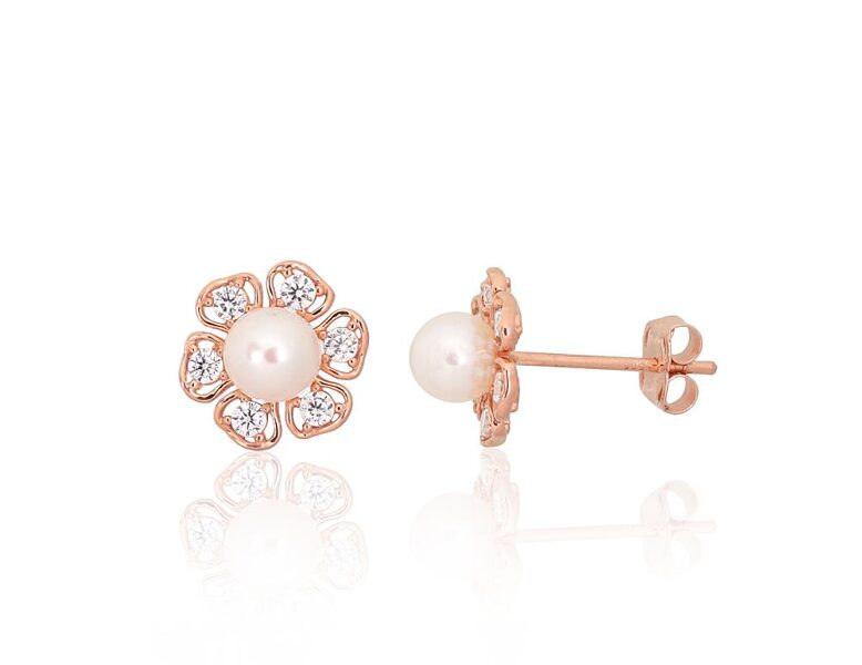  Gold Stud Earrings with Pearl and Zircon – Flower Design
