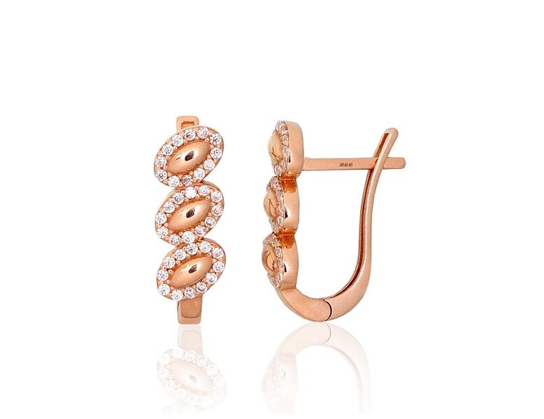 Золотые серьги с английским замком и цирконами, красное золото 585°