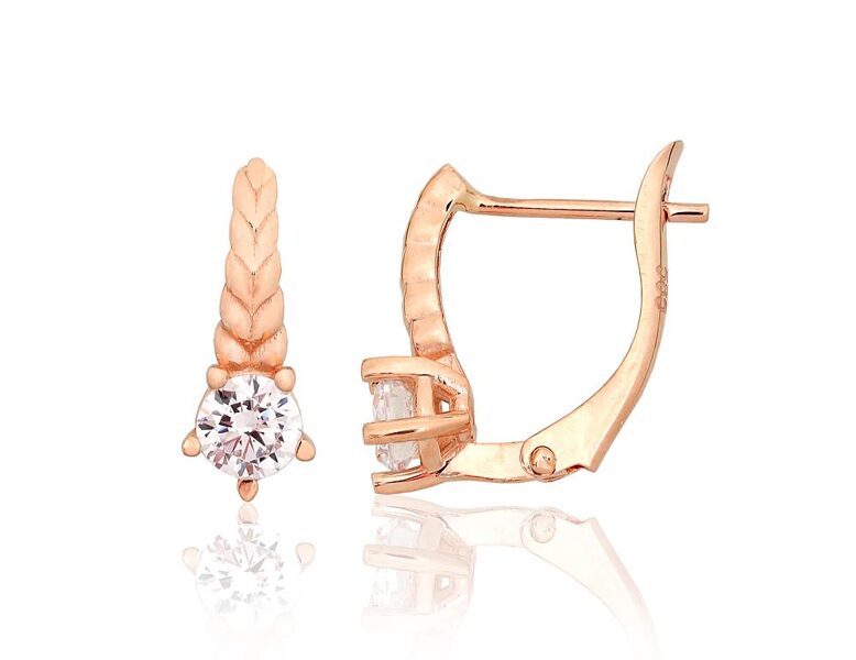 Золотые серьги с английским замком и цирконами, красное золото 585°