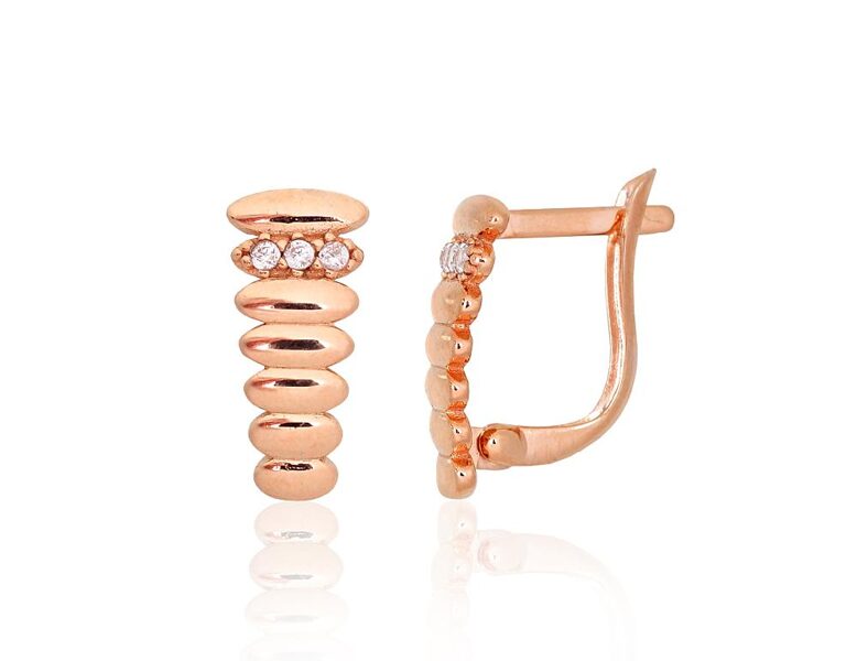 Золотые серьги с английским замком и цирконами, красное золото 585°