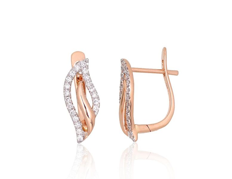 Zelta auskari ar briljantiem, 585° sarkanais zelts, rodija pārklājums, “angļu” slēdzējs