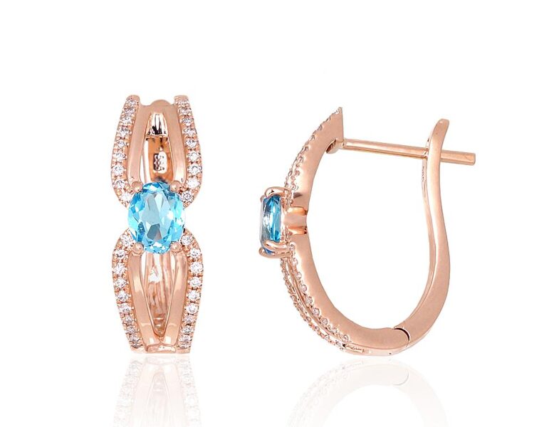 Zelta auskari ar briljantiem (0,192 Ct) un debess zilu topāzu, 585° sarkanais zelts, 20 mm