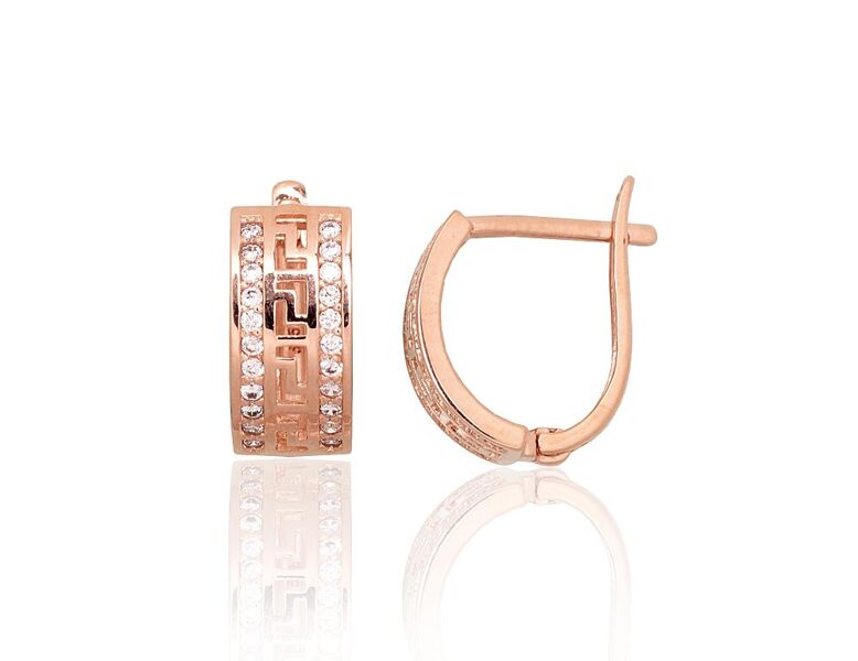 Золотые серьги с английским замком и цирконами, красное золото 585°