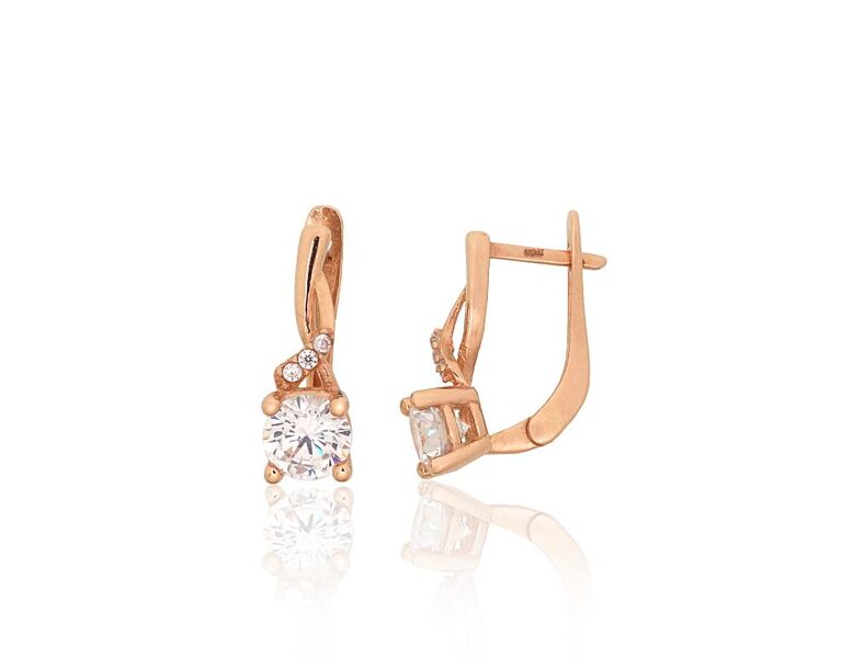 Золотые серьги с английским замком и фианитами, красное золото 585°