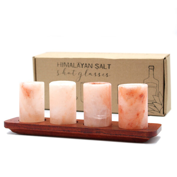 Himalayan Salt Tequila Glasses with Wooden Stand