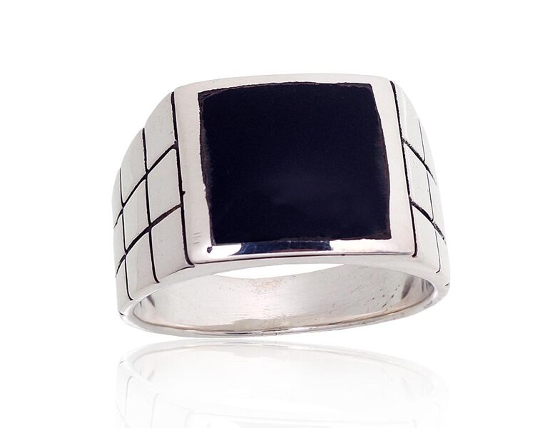 Men's Sterling Silver Ring with Natural Onyx – Oxidized 925 Silver, Size 20.5