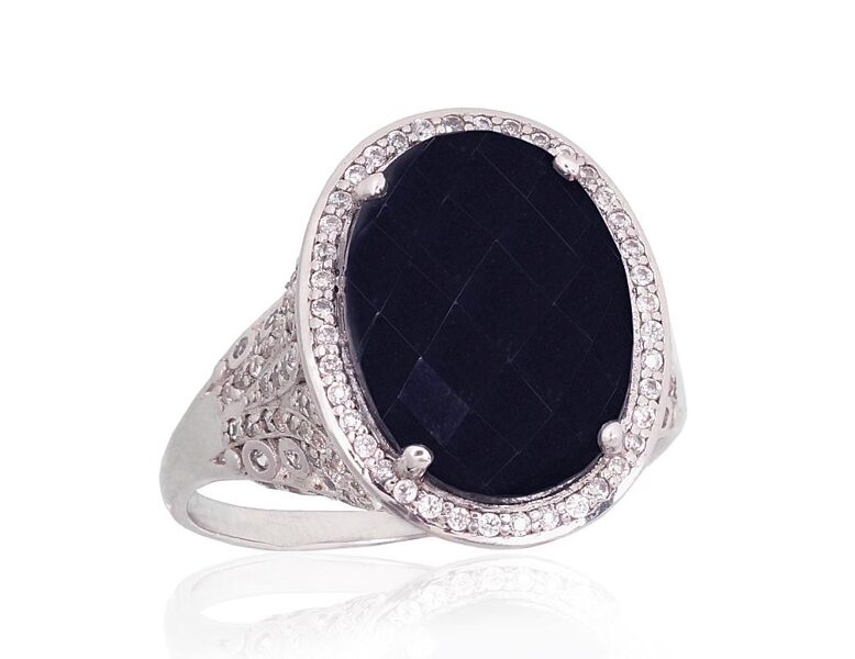 Silver Ring with Onyx and Zirconia, Rhodium Plated – Size 21