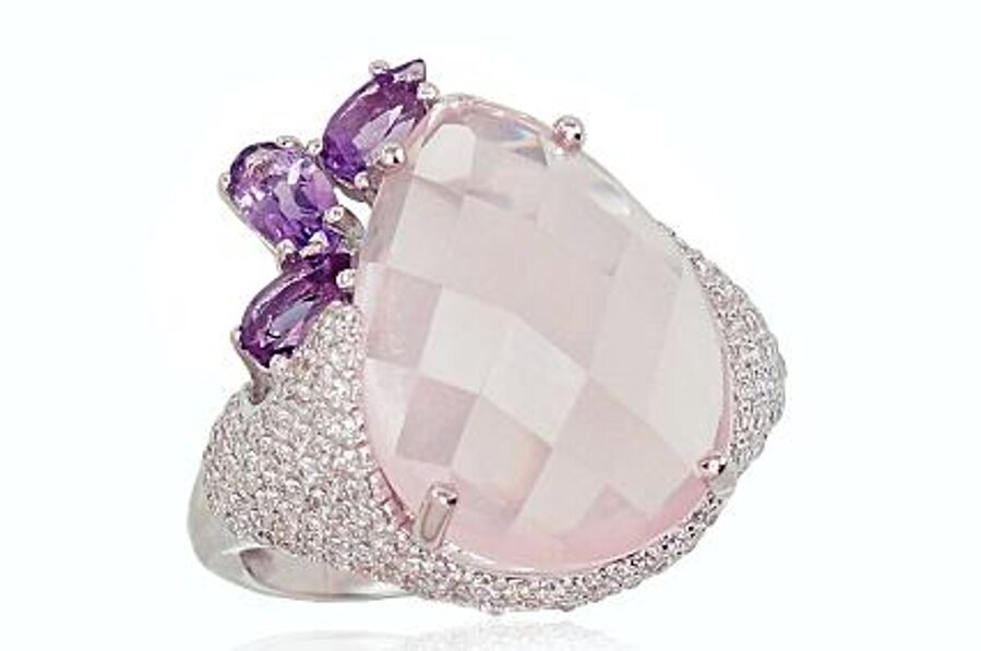 Sidabrinis žiedas , Sidabras 925°, rodis (padengti), Cirkonai , Rausvas kvarcas , Ametistas 