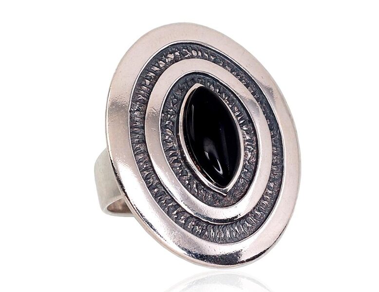 Sterling Silver Ring with Onyx – Oxidized 925 Silver, Size 18