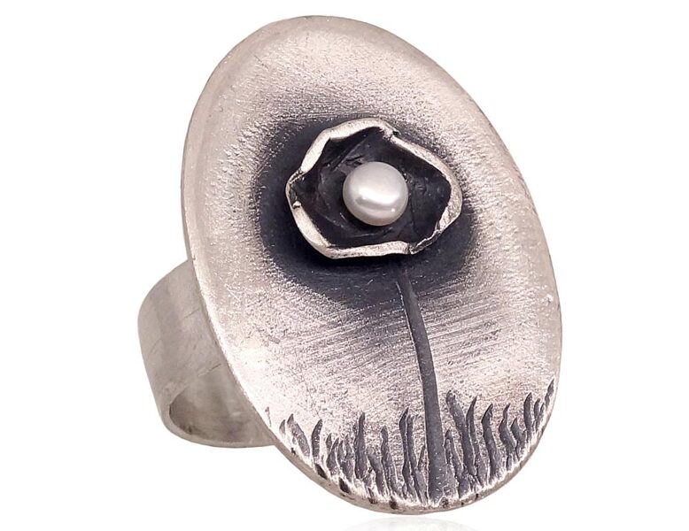Sterling Silver Pearl Ring – Oxidized 925 Silver, Size 18