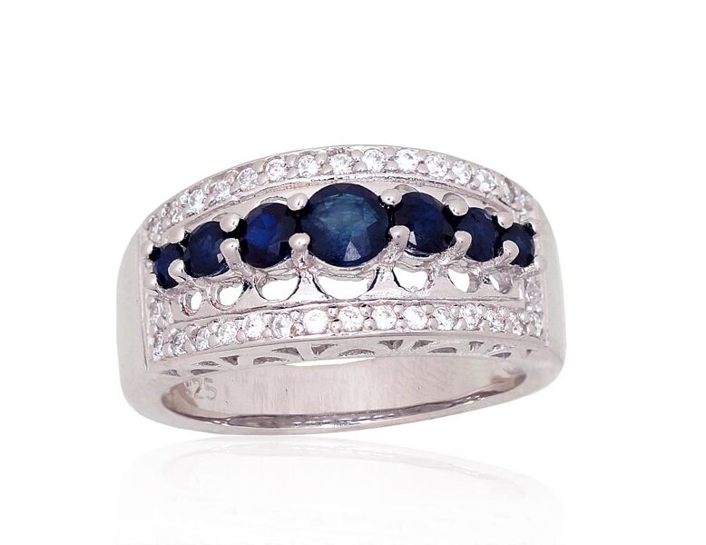 Silver ring with sapphire and zircons, size 16.5