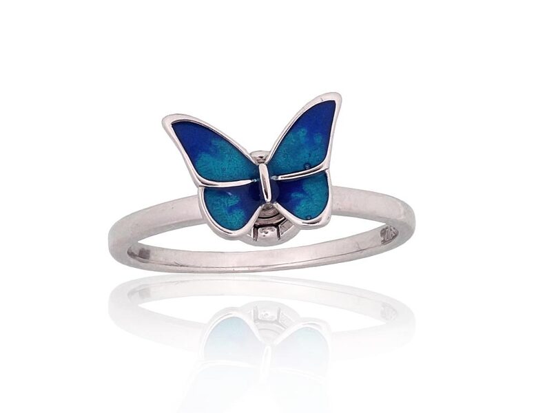 Silver Butterfly Ring – 925°, Rhodium, Enamel, Size 17