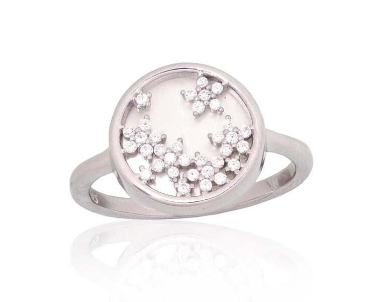 Sudraba gredzens , Sudrabs 925°, rodijs (pārklājums), Cirkoni , Perlamutrs 