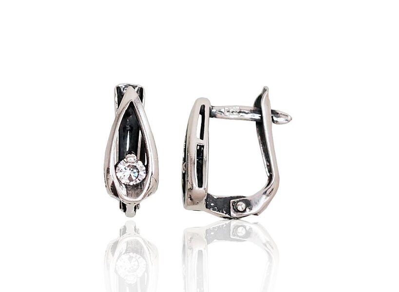 Silver earrings with English lock and zirconia, 925° (13 mm)