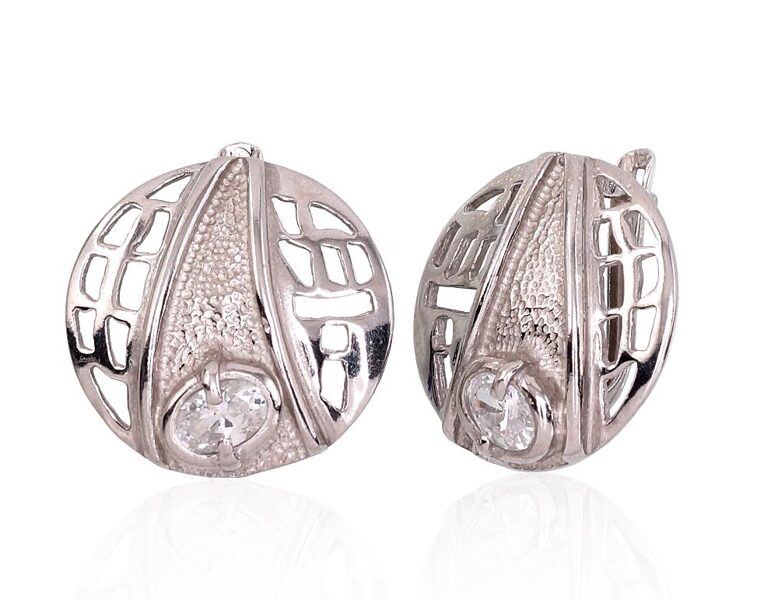 Silver earrings with English lock and zirconia, 925°