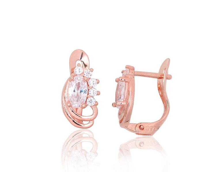 Bērnu sudraba auskari ar cirkoniem, “angļu” slēdzējs, 925° sudrabs, sarkanais zelts, 11 mm