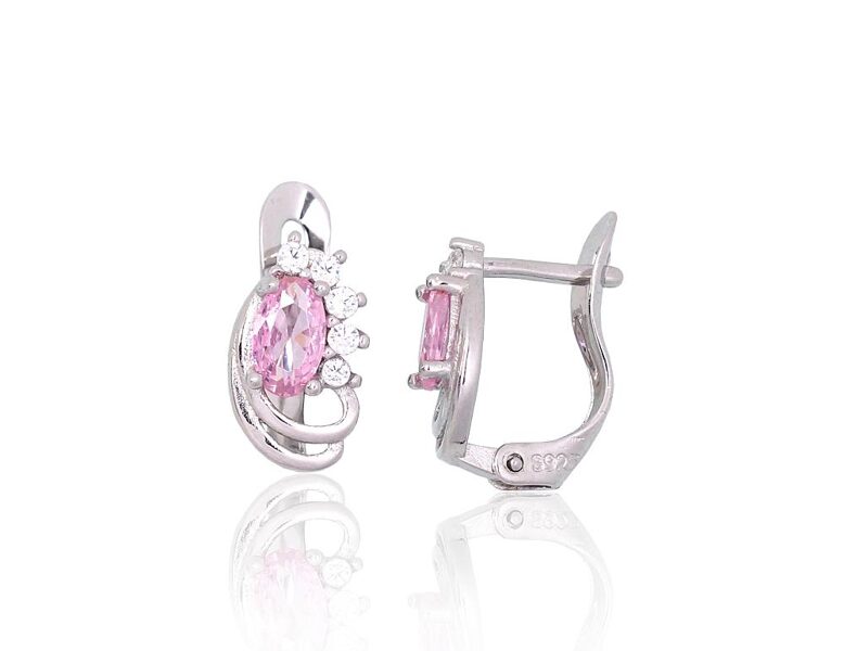 Bērnu sudraba auskari ar rozā cirkoniem, “angļu” slēdzējs, 925° sudrabs, rodijs, 11 mm