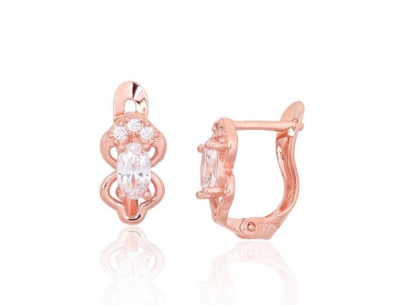 Bērnu sudraba auskari ar cirkoniem, “angļu” slēdzējs, 925° sudrabs, sarkanais zelts, 11 mm