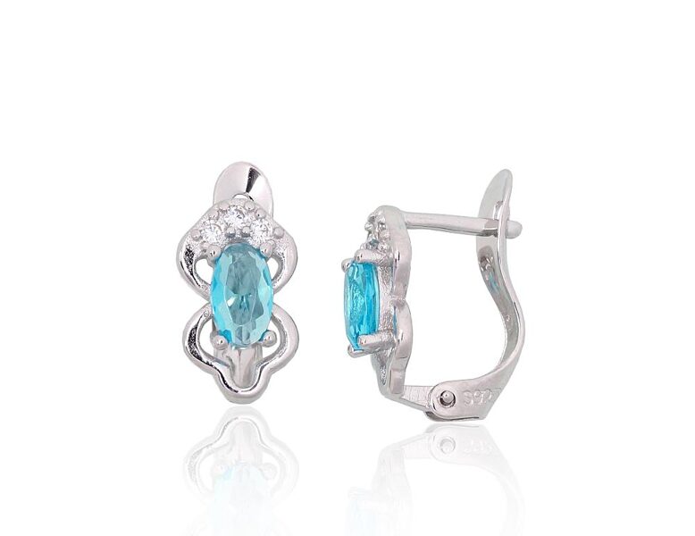 Bērnu sudraba auskari ar gaiši ziliem cirkoniem, “angļu” slēdzējs, 925° sudrabs, rodijs, 10 mm