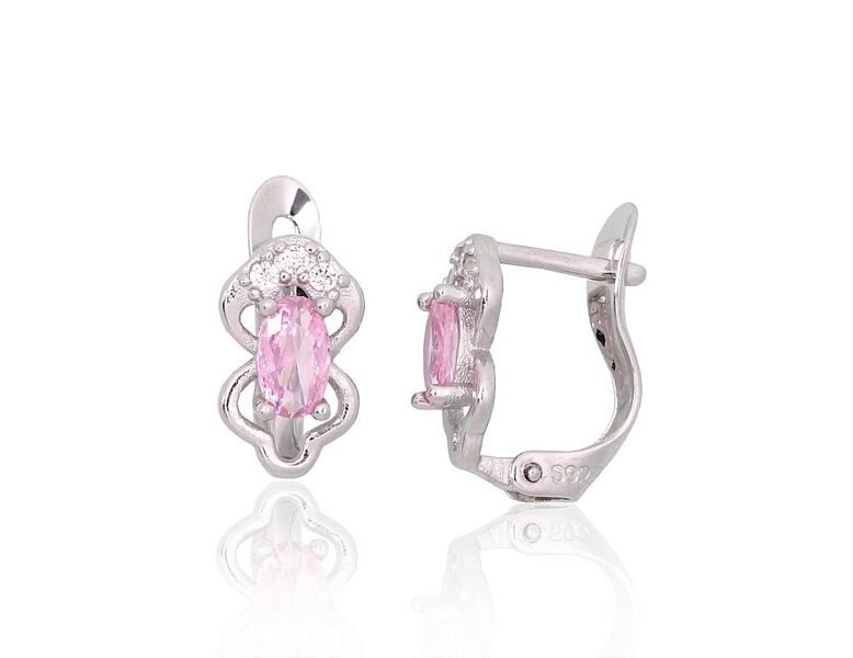Bērnu sudraba auskari ar rozā cirkoniem, “angļu” slēdzējs, 925° sudrabs, rodijs, 10 mm