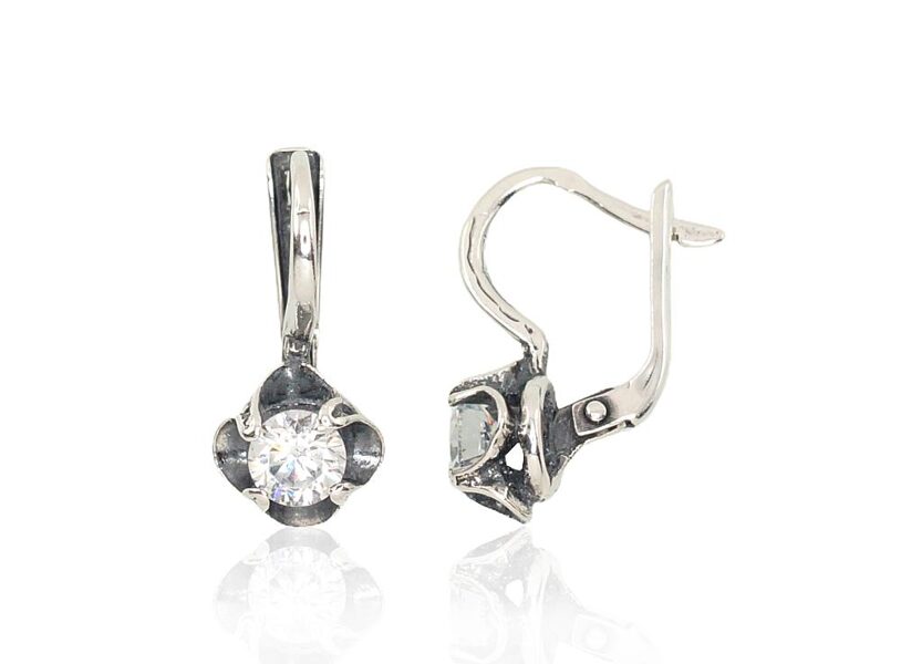 Silver earrings with English lock and zirconia, oxidized, 925° (19 mm)