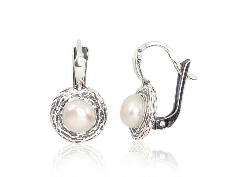 Silver earrings with pearls, English lock – 925 sterling silver with oxidized finish