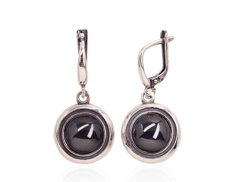 Silver earrings with 'English' lock, Oxidized coating, Hematite